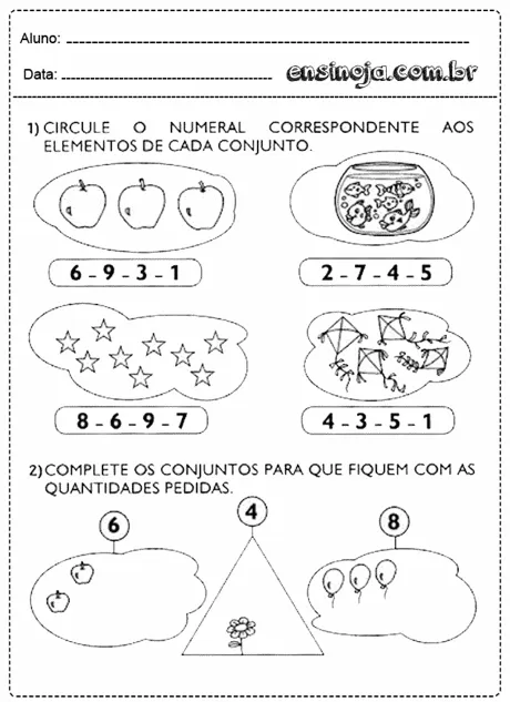 Atividade de matemática para crianças com conjuntos de objetos e números.
