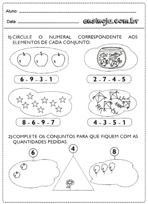 Atividade de matemática para crianças com conjuntos de objetos e números.