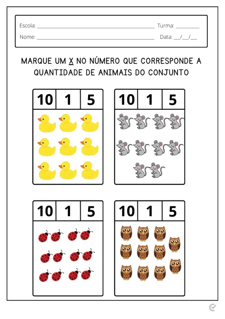 Atividade escolar com ilustrações de patos, ratos, joaninhas e corujas para contagem.