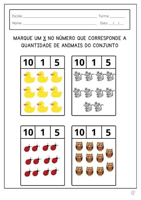 Atividade escolar com ilustrações de patos, ratos, joaninhas e corujas para contagem.