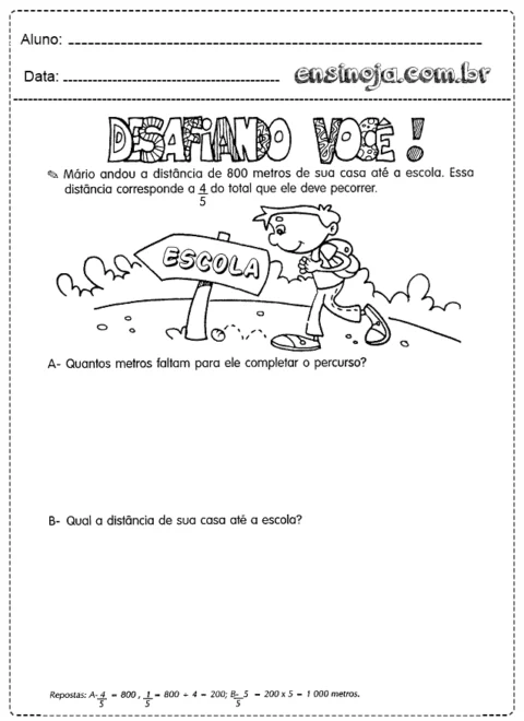 Atividade de matemática sobre distâncias, com um menino caminhando em direção a uma placa de escola.