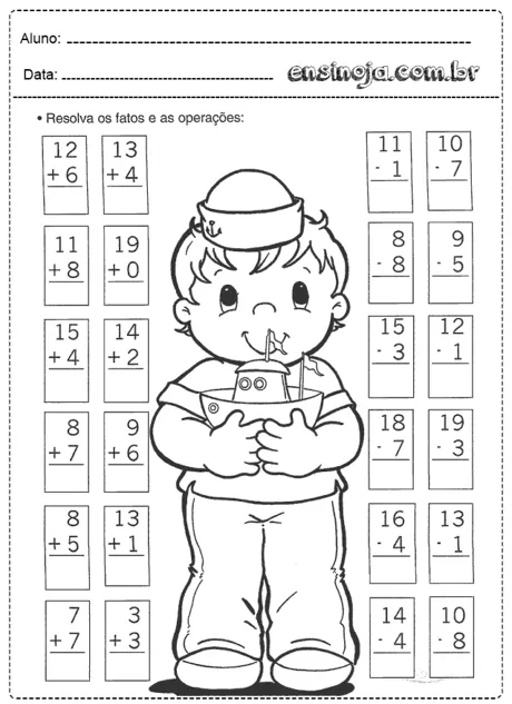 Atividade de matemática para crianças com operações de adição e subtração.