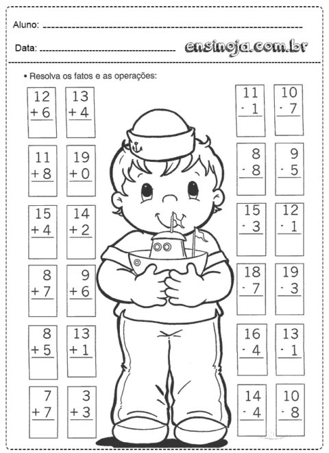 Atividade de matemática para crianças com operações de adição e subtração.