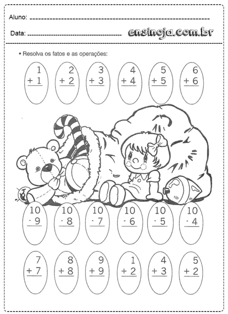 Atividade de matemática para crianças com operações de adição e subtração, ilustrada com um urso e uma menina.