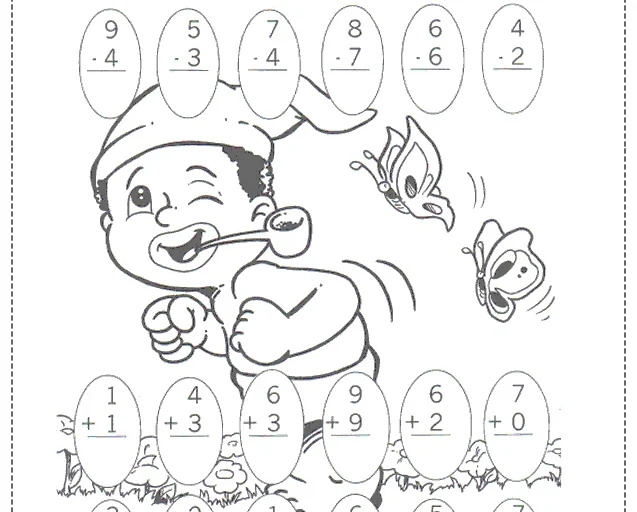 Atividade de matemática para crianças com um menino feliz e operações de adição e subtração.