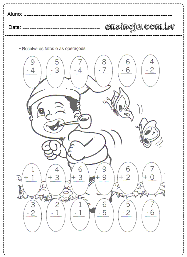 Atividade de matemática para crianças com um menino feliz e operações de adição e subtração.