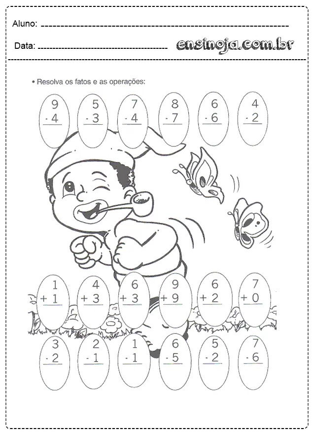 Atividade de matemática para crianças com um menino feliz e operações de adição e subtração.