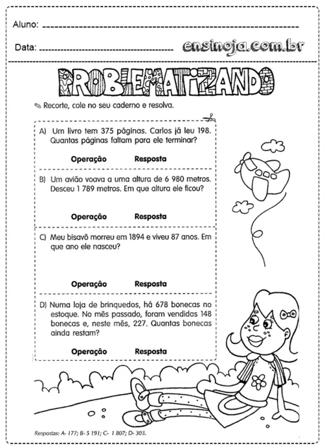 Atividade de matemática com problemas para resolver.
