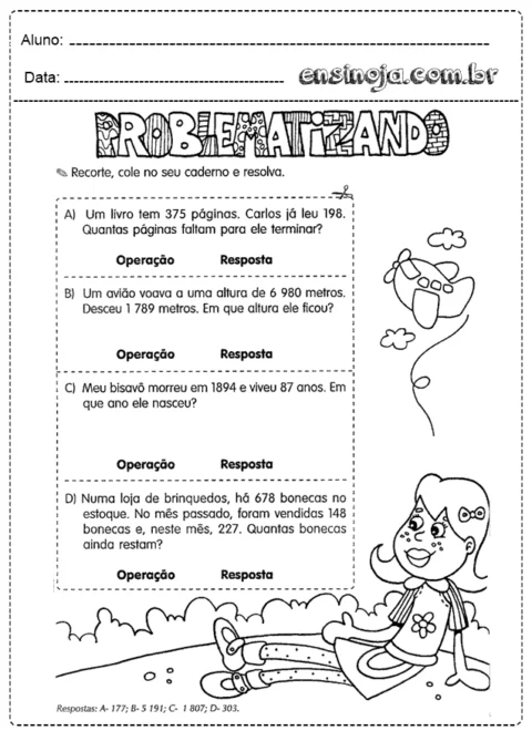 Atividade de matemática com problemas para resolver.