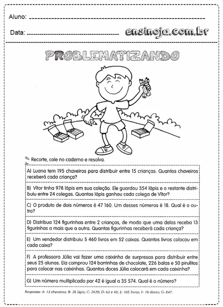 Atividade de matemática com problemas para resolver, incluindo um desenho de uma criança segurando chaves.