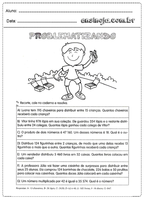 Atividade de matemática com problemas para resolver, incluindo um desenho de uma criança segurando chaves.
