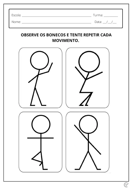 Quatro bonecos em diferentes posições de movimento para atividade educativa.