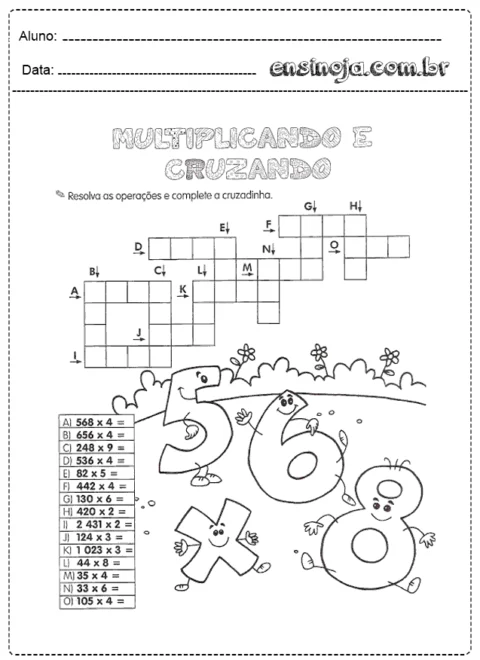 Atividade de matemática com operações de multiplicação e um cruzadinha.