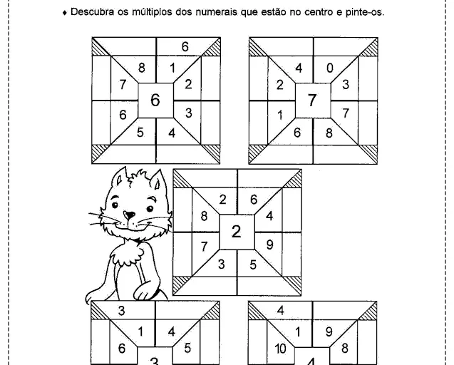 Atividade de múltiplos em quadrados com um gato ao lado.