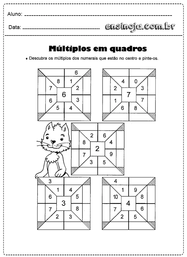 Atividade de múltiplos em quadrados com um gato ao lado.