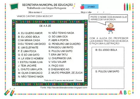 Atividade de música para crianças do 1º ano com letras de A a Z e ilustrações.