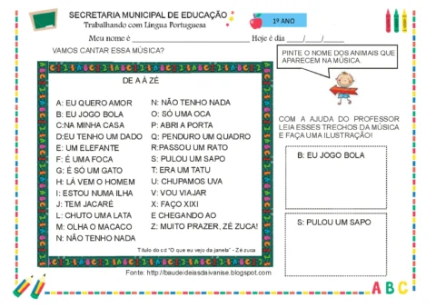 Atividade de música para crianças do 1º ano com letras de A a Z e ilustrações.