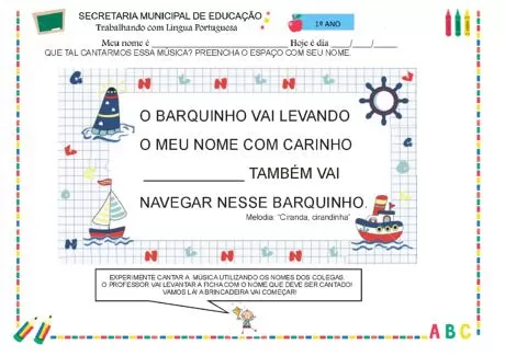 Atividade de música para crianças do 1º ano, com um barco e espaço para preencher o nome.