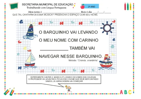 Atividade de música para crianças do 1º ano, com um barco e espaço para preencher o nome.