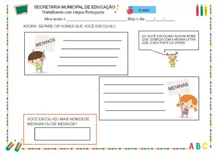 Atividade escolar para o 1º ano sobre nomes de meninos e meninas.
