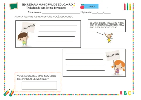 Atividade escolar para o 1º ano sobre nomes de meninos e meninas.