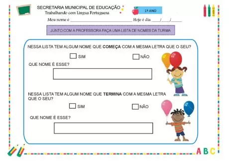 Atividade de língua portuguesa para o 1º ano, com perguntas sobre nomes.