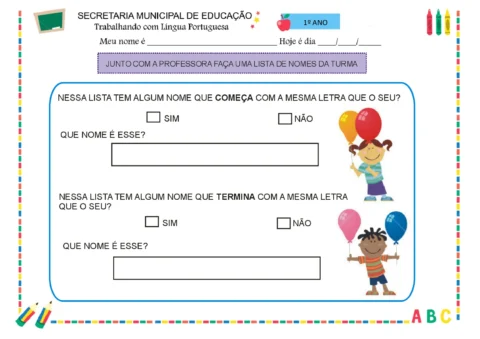Atividade de língua portuguesa para o 1º ano, com perguntas sobre nomes.