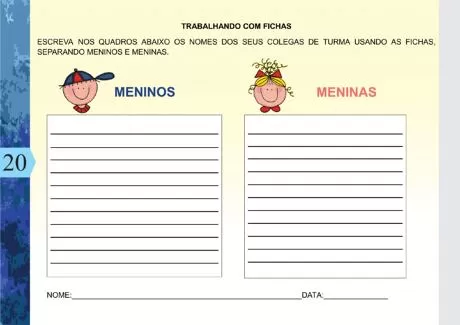 Atividade para escrever nomes de colegas separados por meninos e meninas.