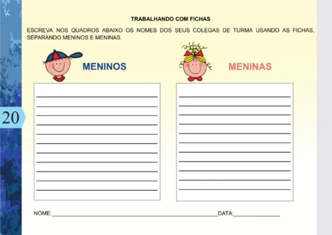 Atividade para escrever nomes de colegas separados por meninos e meninas.