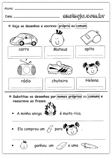 Atividade de identificação de nomes próprios e comuns com desenhos de objetos e pessoas.