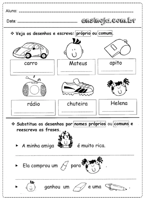 Atividade de identificação de nomes próprios e comuns com desenhos de objetos e pessoas.