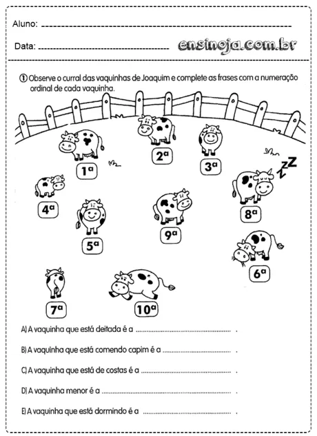 Atividade de educação infantil com vaquinhas e numeração ordinal.