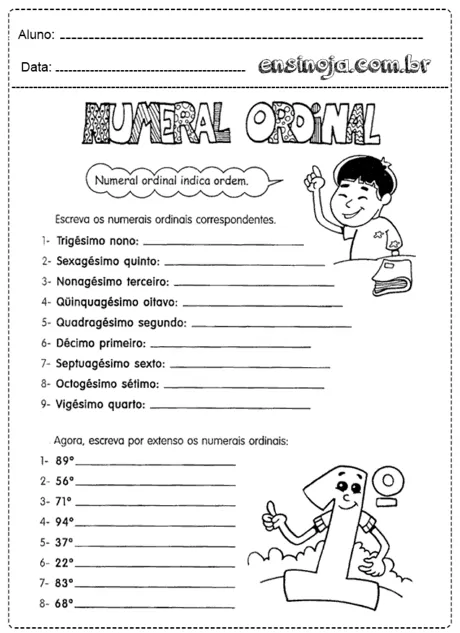 Atividade sobre numerais ordinais para alunos do ensino fundamental.