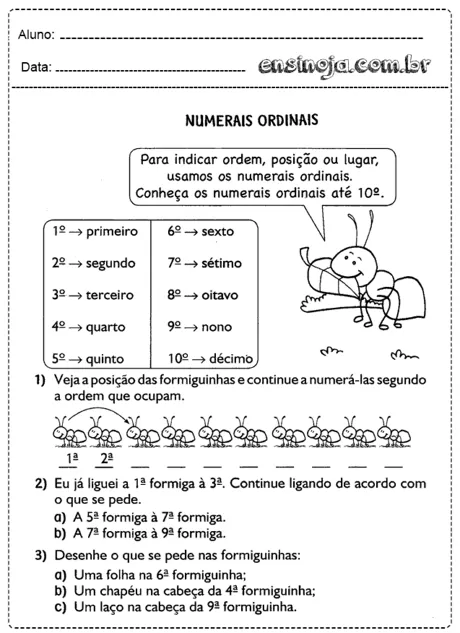 Atividade sobre numerais ordinais com formiguinhas.