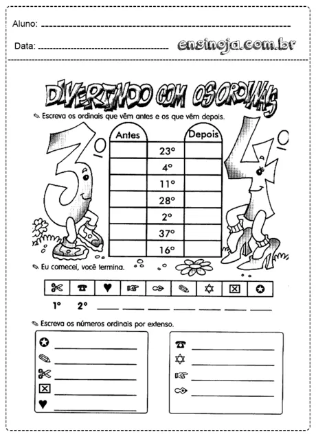Atividade de matemática sobre números ordinais para alunos do 3º ano.
