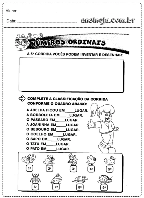 Atividade sobre números ordinais com ilustrações de animais.