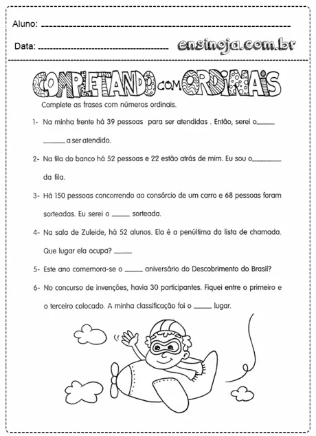 Atividade de completar frases com números ordinais para alunos do ensino fundamental.