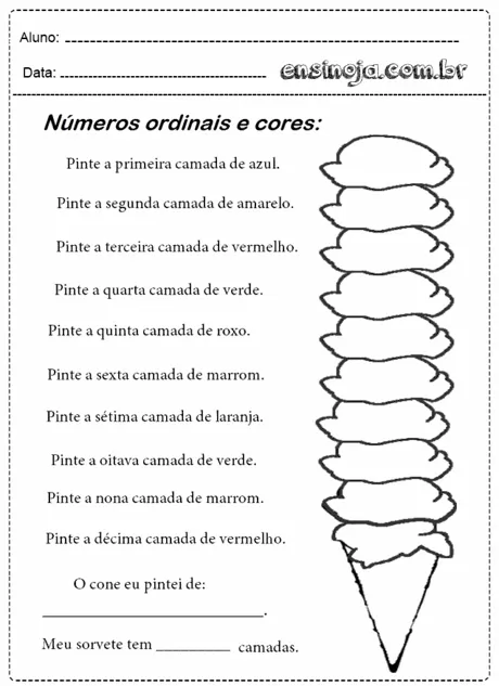 Atividade de pintura de sorvete com números ordinais e cores.