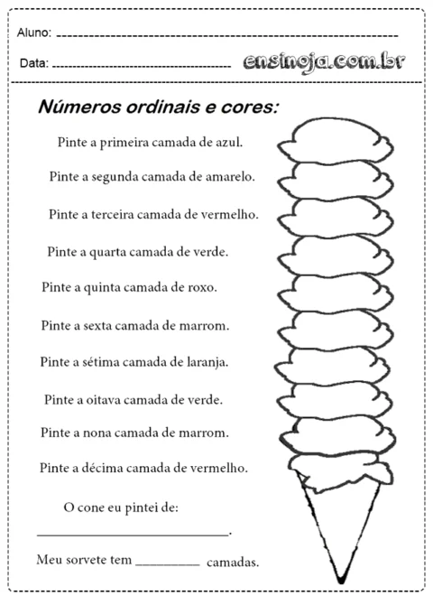 Atividade de pintura de sorvete com números ordinais e cores.
