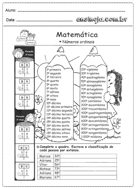 Atividade de matemática sobre números ordinais para alunos do ensino fundamental.