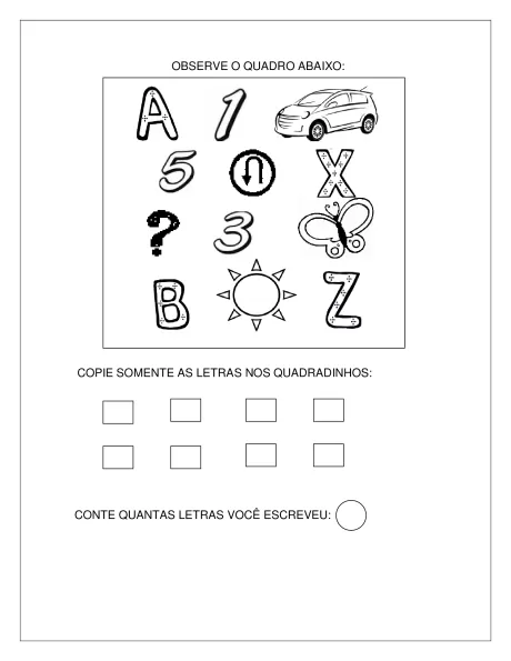 Imagem com letras e símbolos para atividade educacional