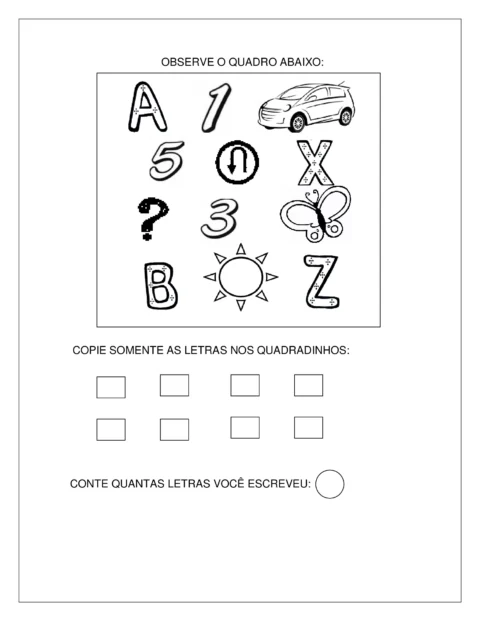 Imagem com letras e símbolos para atividade educacional