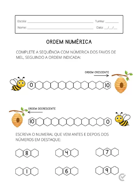 Atividade educacional sobre ordem numérica com abelhas e favos de mel.