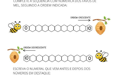 Atividade educacional sobre ordem numérica com abelhas e favos de mel.