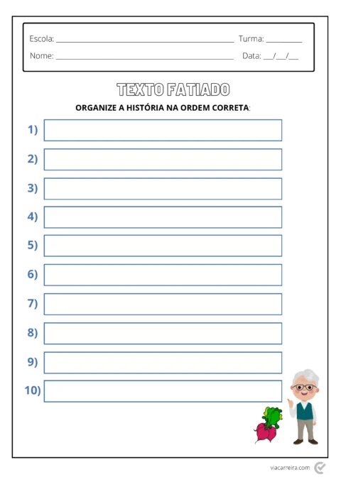 Folha de atividade escolar com espaço para organizar uma história na ordem correta, com ilustrações de um personagem e um vegetal.
