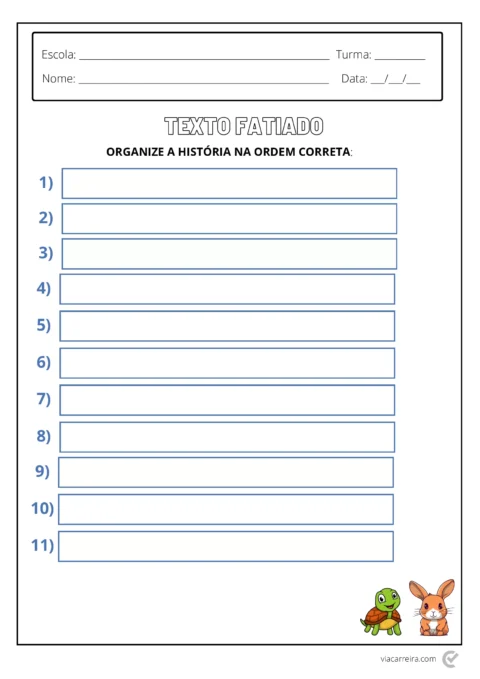 Folha de atividade escolar para organizar a história na ordem correta, com espaços em branco numerados e ilustrações de um tartaruga e um coelho.