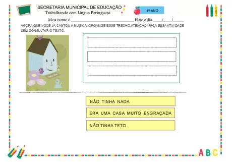 Atividade de organização de texto com ilustração de uma casa e elementos divertidos.