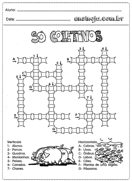 Atividade de palavras cruzadas com temas de animais e objetos.
