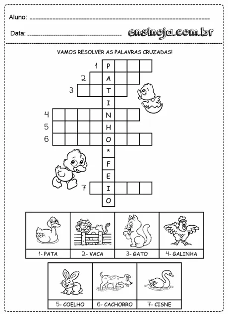 Atividade de palavras cruzadas com desenhos de animais.