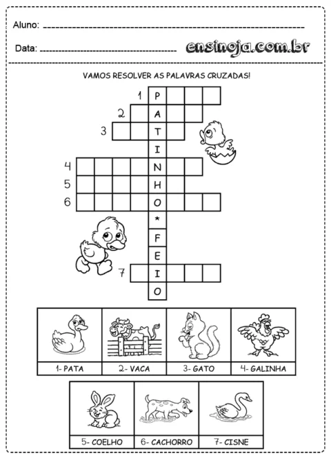 Atividade de palavras cruzadas com desenhos de animais.